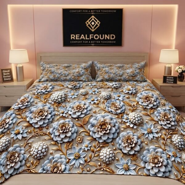 RealFound luxury 3D embossed floral bedsheet with pillow covers in a modern Dubai bedroom setup.