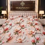 REALFOUND 3D Magnolia Floral Luxury Bedsheet Set with Branded Wall Display Dubai UAE