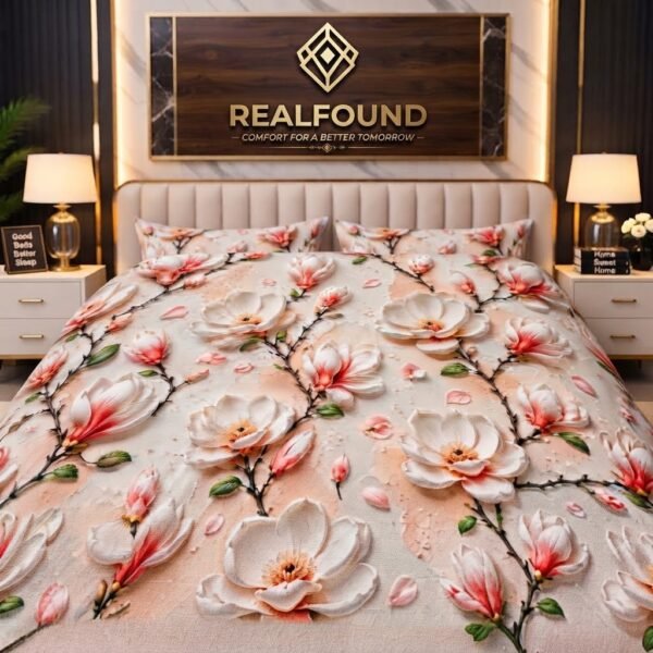 REALFOUND 3D Magnolia Floral Luxury Bedsheet Set with Branded Wall Display Dubai UAE