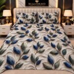 REALFOUND 3D Royal Blue and Emerald Green Botanical Leaf Bedsheet Set Dubai UAE