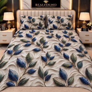REALFOUND 3D Royal Blue and Emerald Green Botanical Leaf Bedsheet Set Dubai UAE