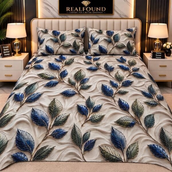 REALFOUND 3D Royal Blue and Emerald Green Botanical Leaf Bedsheet Set Dubai UAE