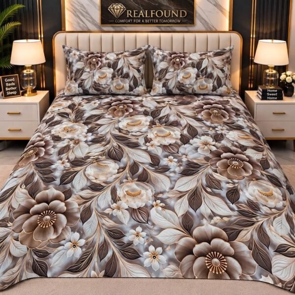 REALFOUND 3D Vintage Brown and Gold Floral Luxury Bedsheet Set Dubai UAE