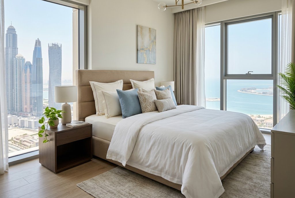 Stylish bedding set on a modern king size bed in a Dubai bedroom