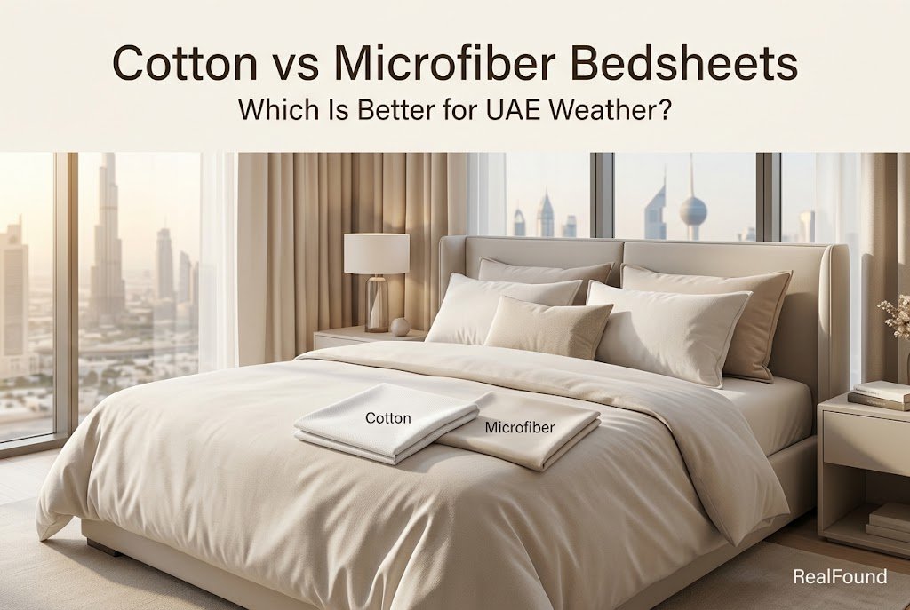Cotton and microfiber bedsheets in a modern Dubai bedroom