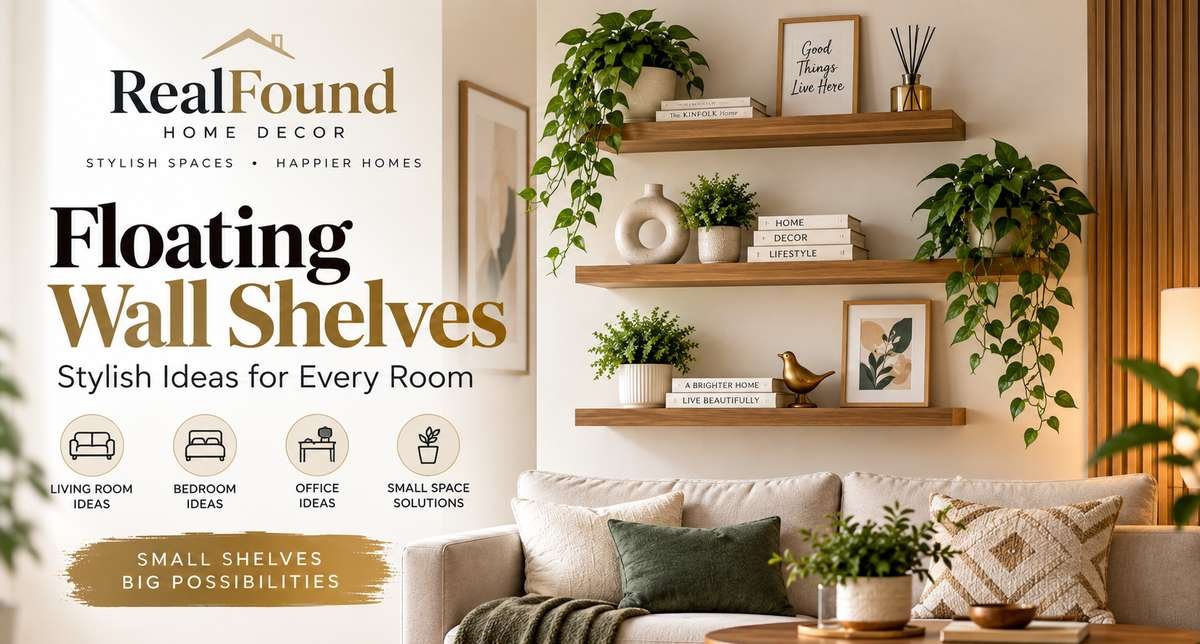 Floating wall shelves styled with plants, books, and decorative accessories in a modern living room
