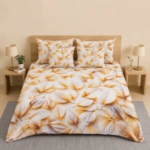 REALFOUND 5 piece golden and silver-grey leaf digital printed king bedsheet set displayed on a bed with matching pillow covers and filled cushions.