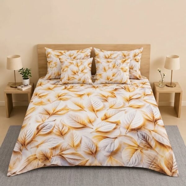 REALFOUND 5 piece golden and silver-grey leaf digital printed king bedsheet set displayed on a bed with matching pillow covers and filled cushions.