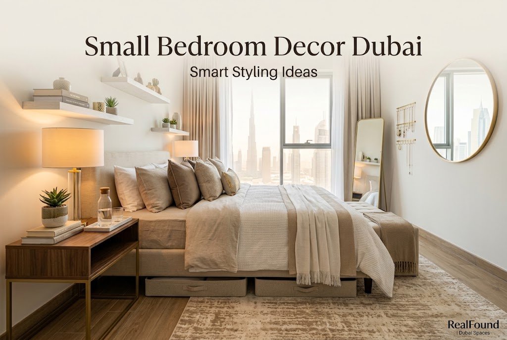 Small modern bedroom decor in Dubai with stylish bedding and space-saving accessories