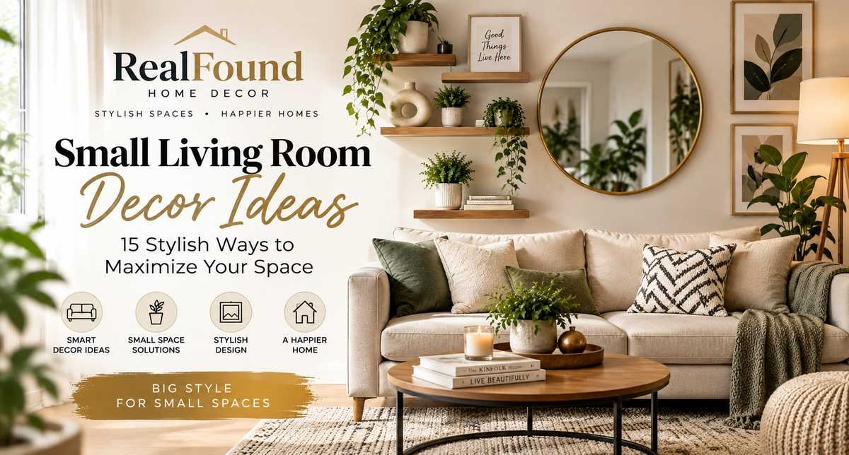 Small living room decor ideas with a sofa, decorative mirror, floating shelves, plants, and wall art