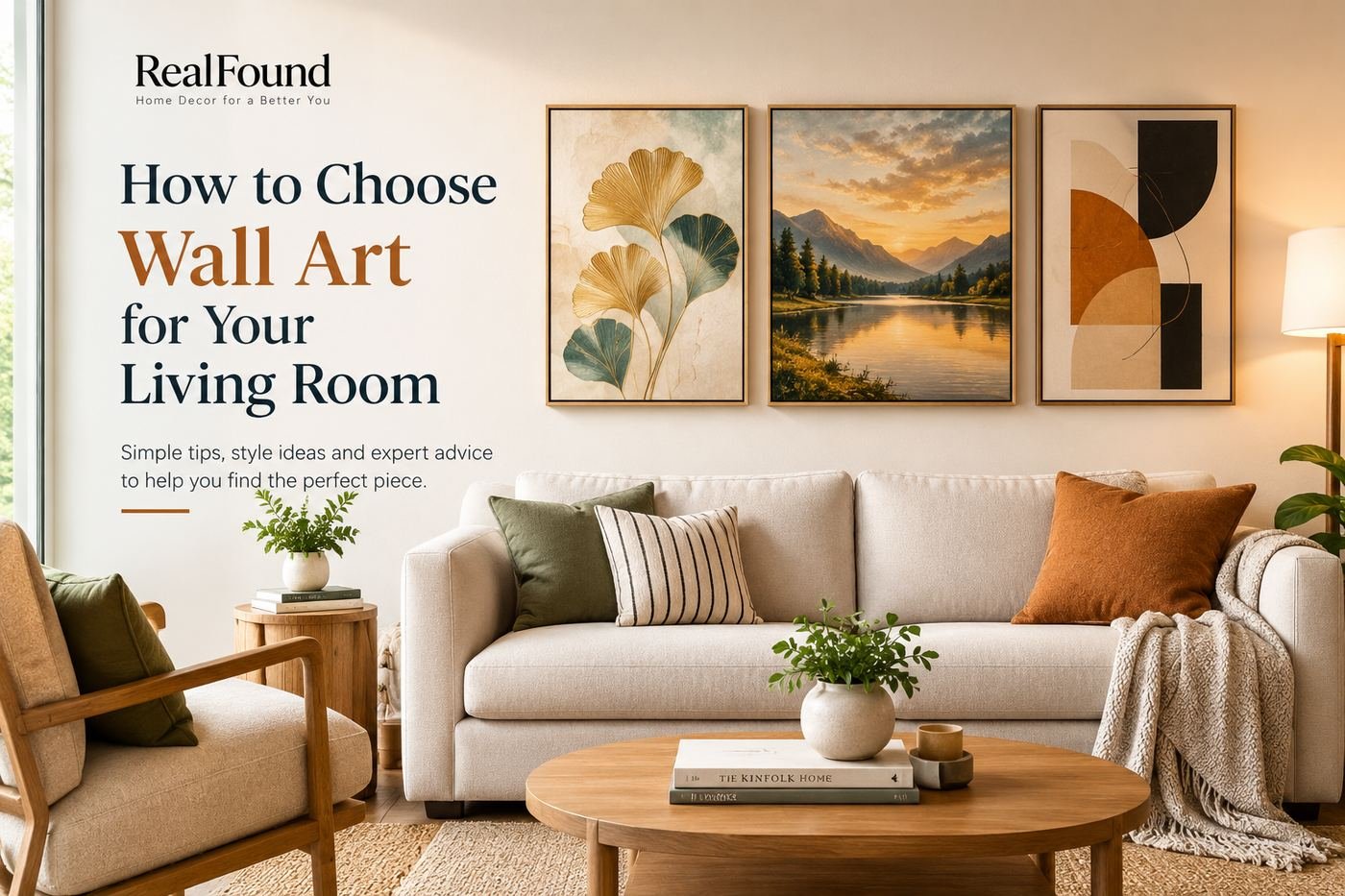 Wall art for living room featuring modern framed artwork above a comfortable sofa